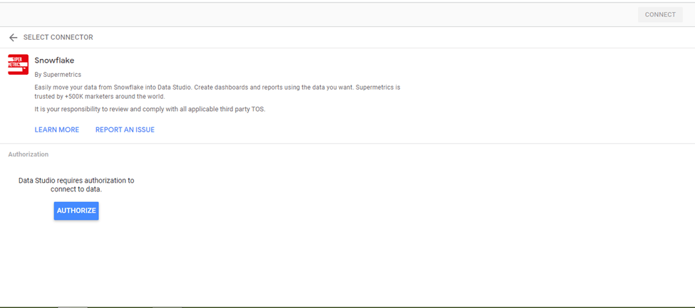 Authorizing Supermetrics for Google Data Studio Snowflake Connection